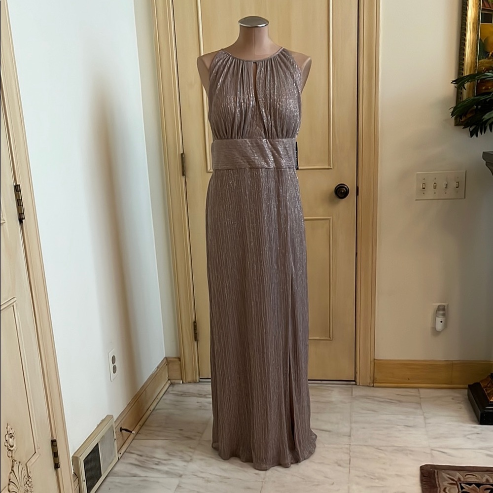 R & M RICHARDS NWT Evening/ Guest Metallic Halter Goddess Matte Gold Gown 18